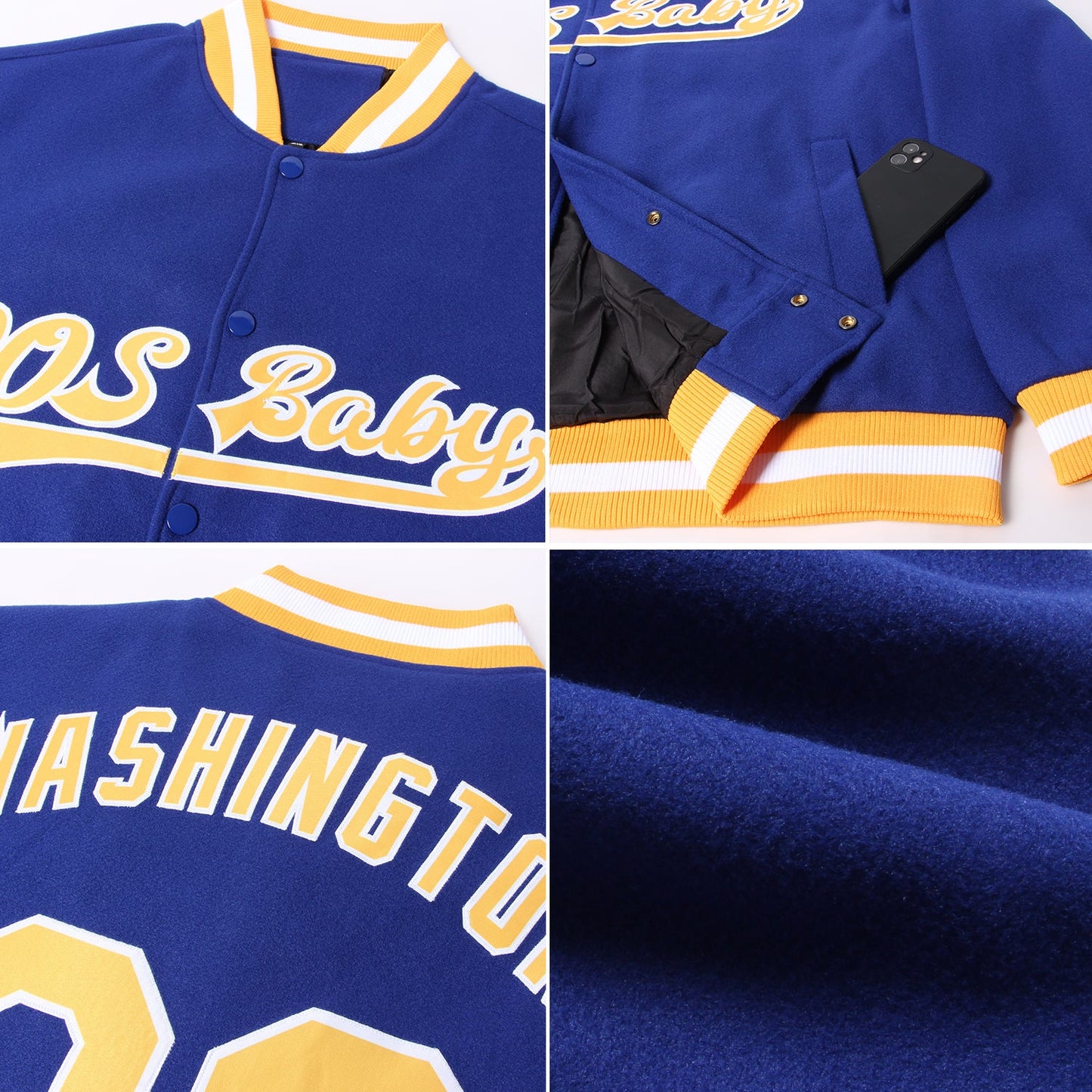 Custom Royal Gold-White Bomber Full-Snap Varsity Letterman Jacket view 4