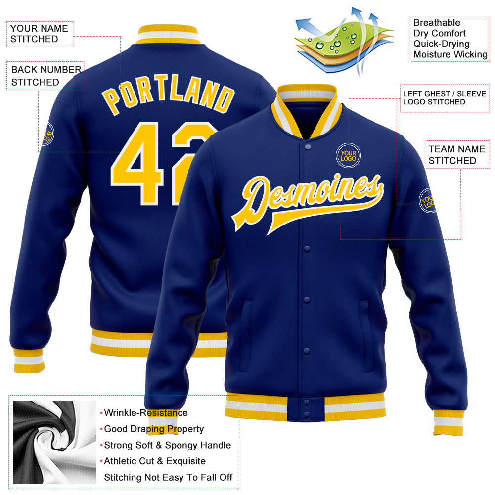 Custom Royal Gold-White Bomber Full-Snap Varsity Letterman Jacket view 5