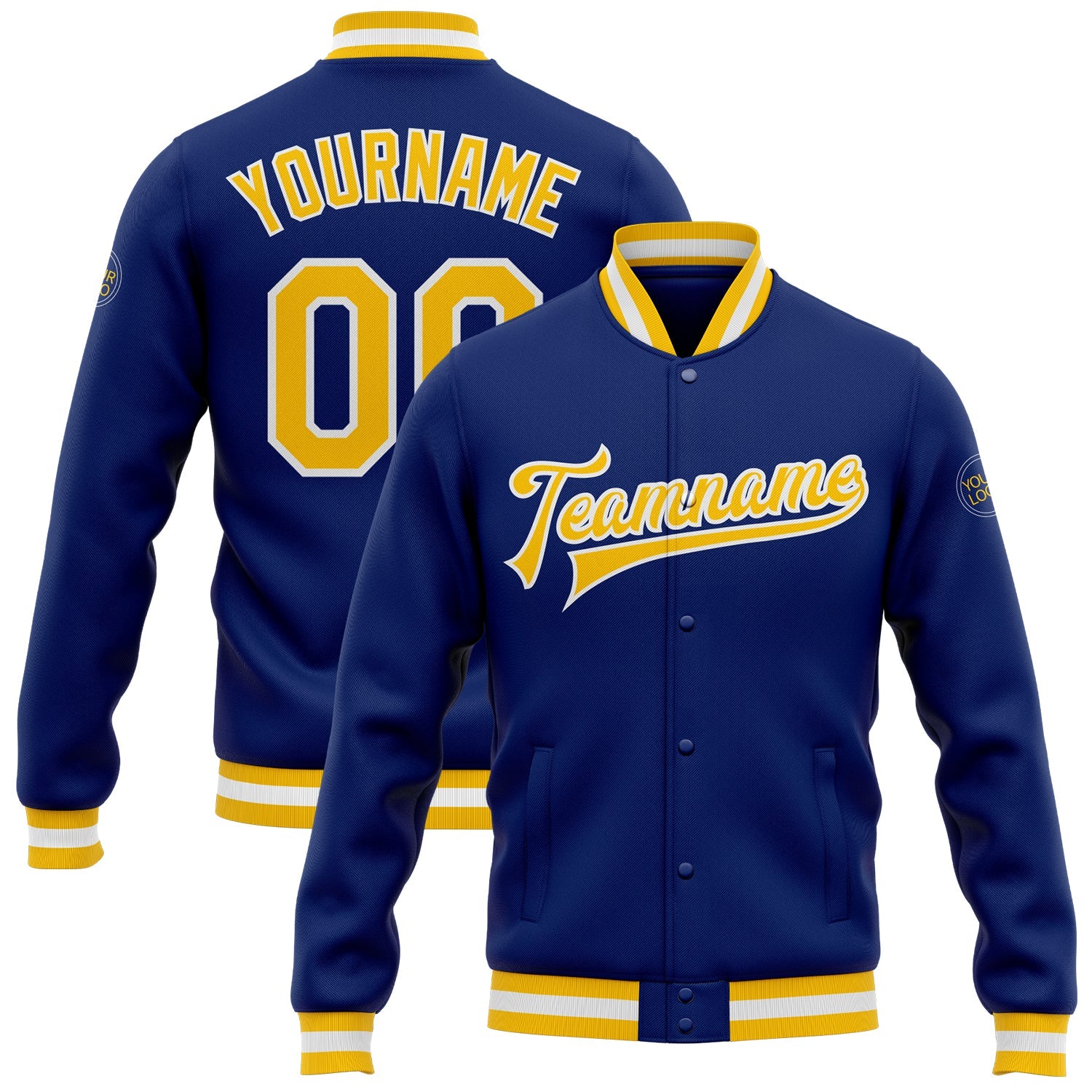 Custom Royal Gold-White Bomber Full-Snap Varsity Letterman Jacket - Main View