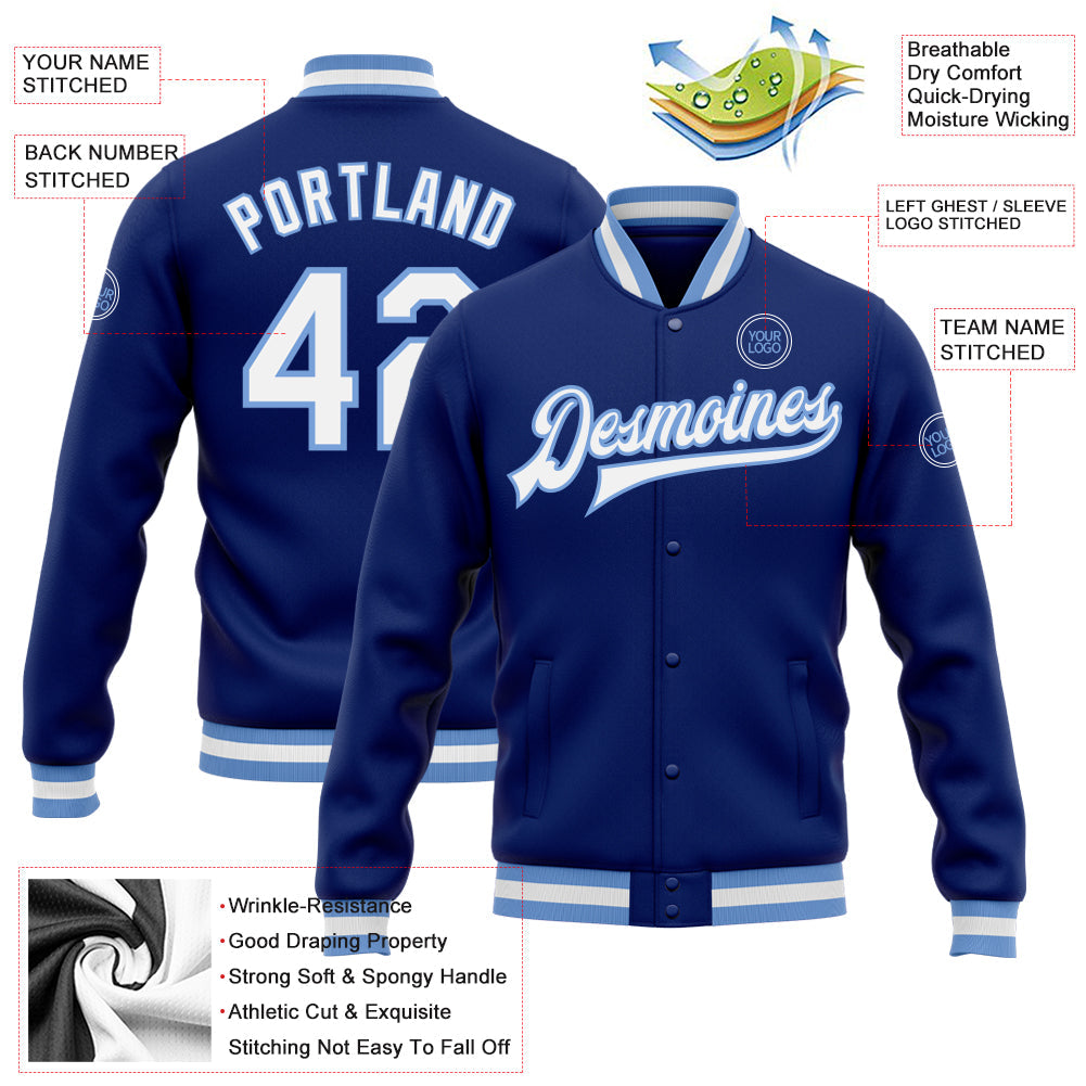 Custom Royal White-Light Blue Bomber Full-Snap Varsity Letterman Jacket view 5