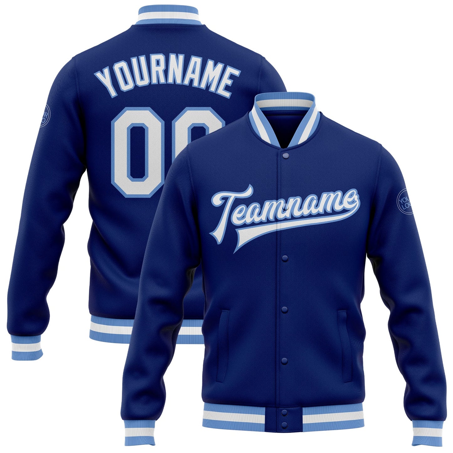Custom Royal White-Light Blue Bomber Full-Snap Varsity Letterman Jacket - Main View