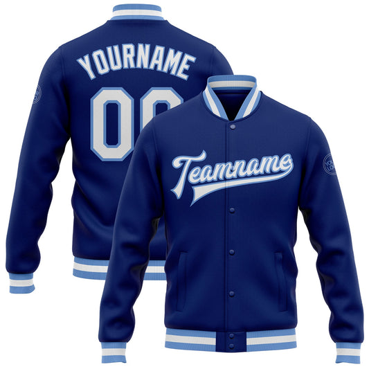 Custom Royal White-Light Blue Bomber Full-Snap Varsity Letterman Jacket - Main View