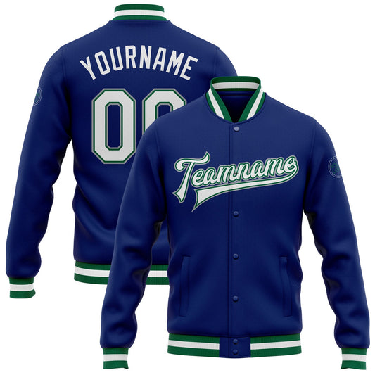 Custom Royal White Kelly Green-Gray Bomber Full-Snap Varsity Letterman Jacket - Main View