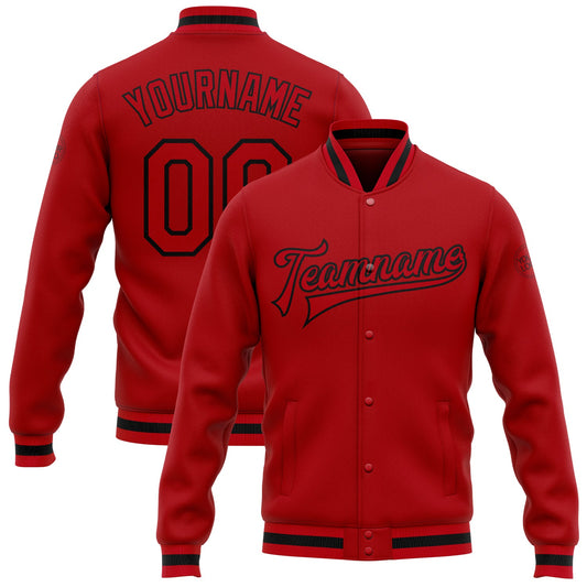 Custom Red Red-Black Bomber Full-Snap Varsity Letterman Jacket - Main View