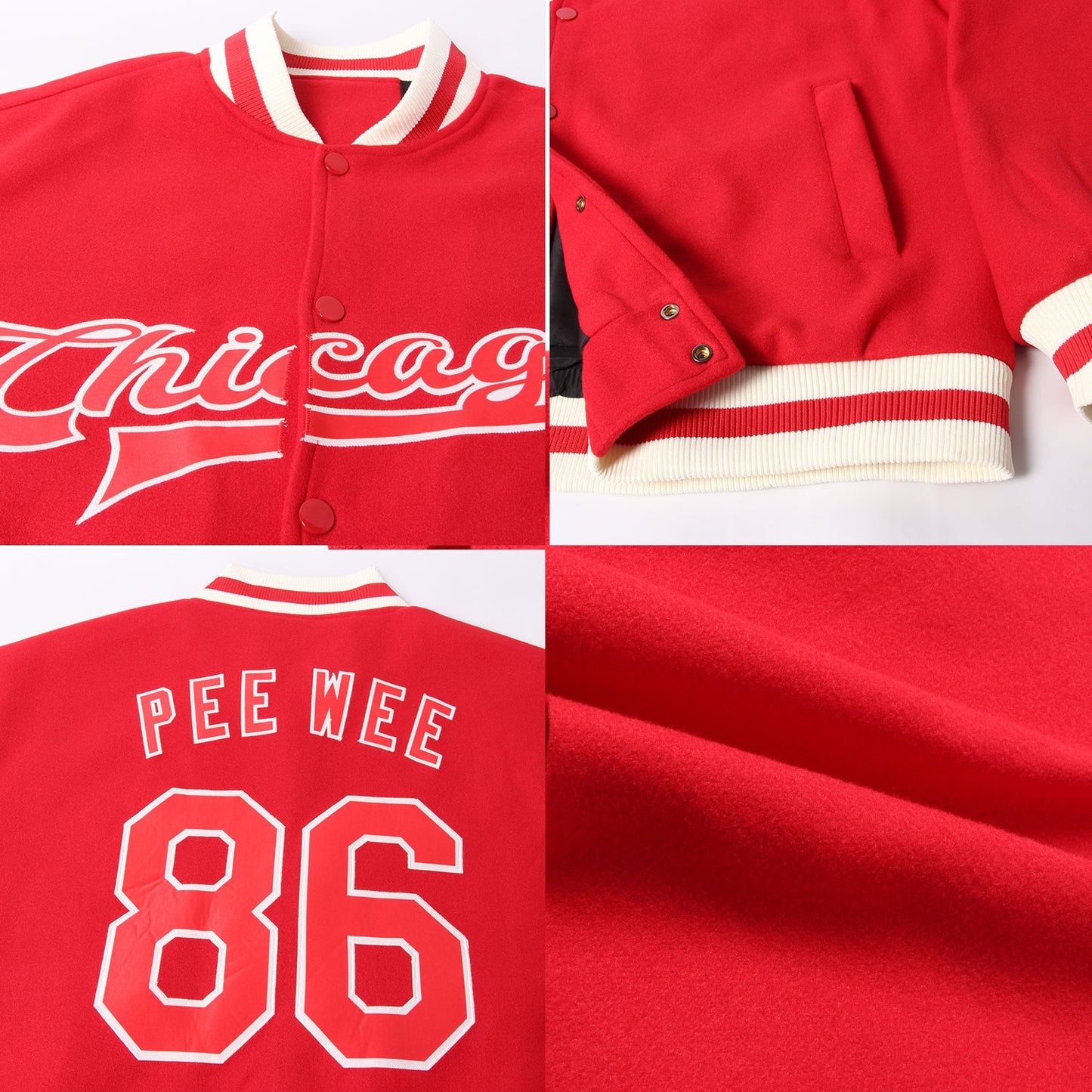 Custom Red Red-Cream Bomber Full-Snap Varsity Letterman Jacket view 4