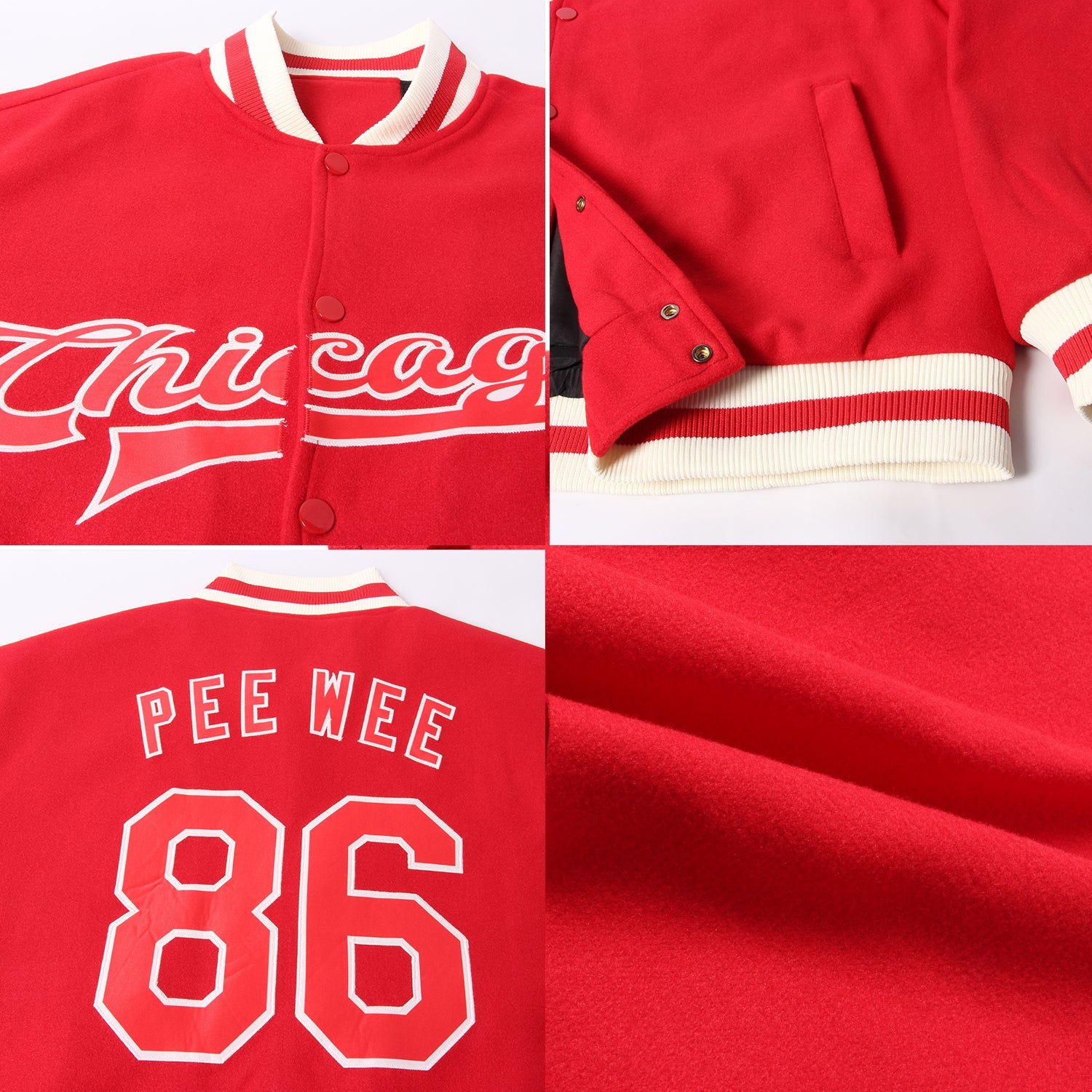 Custom Red Red-Cream Bomber Full-Snap Varsity Letterman Jacket view 4
