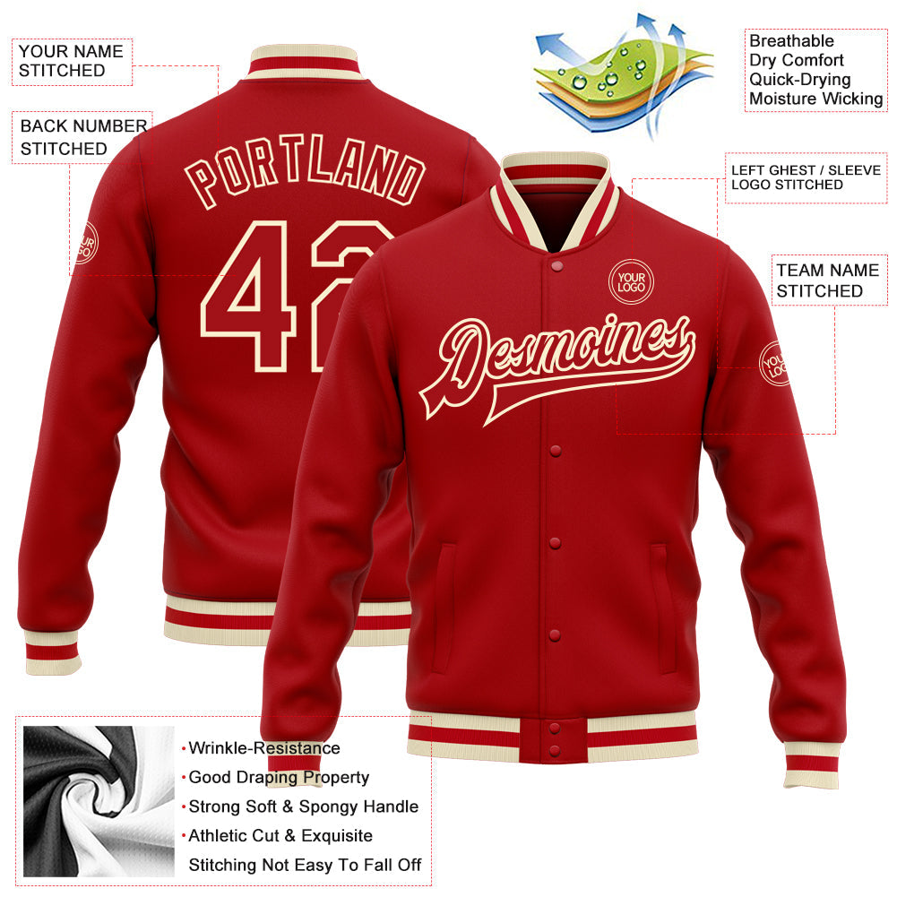 Custom Red Red-Cream Bomber Full-Snap Varsity Letterman Jacket view 5