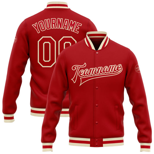 Custom Red Red-Cream Bomber Full-Snap Varsity Letterman Jacket - Main View