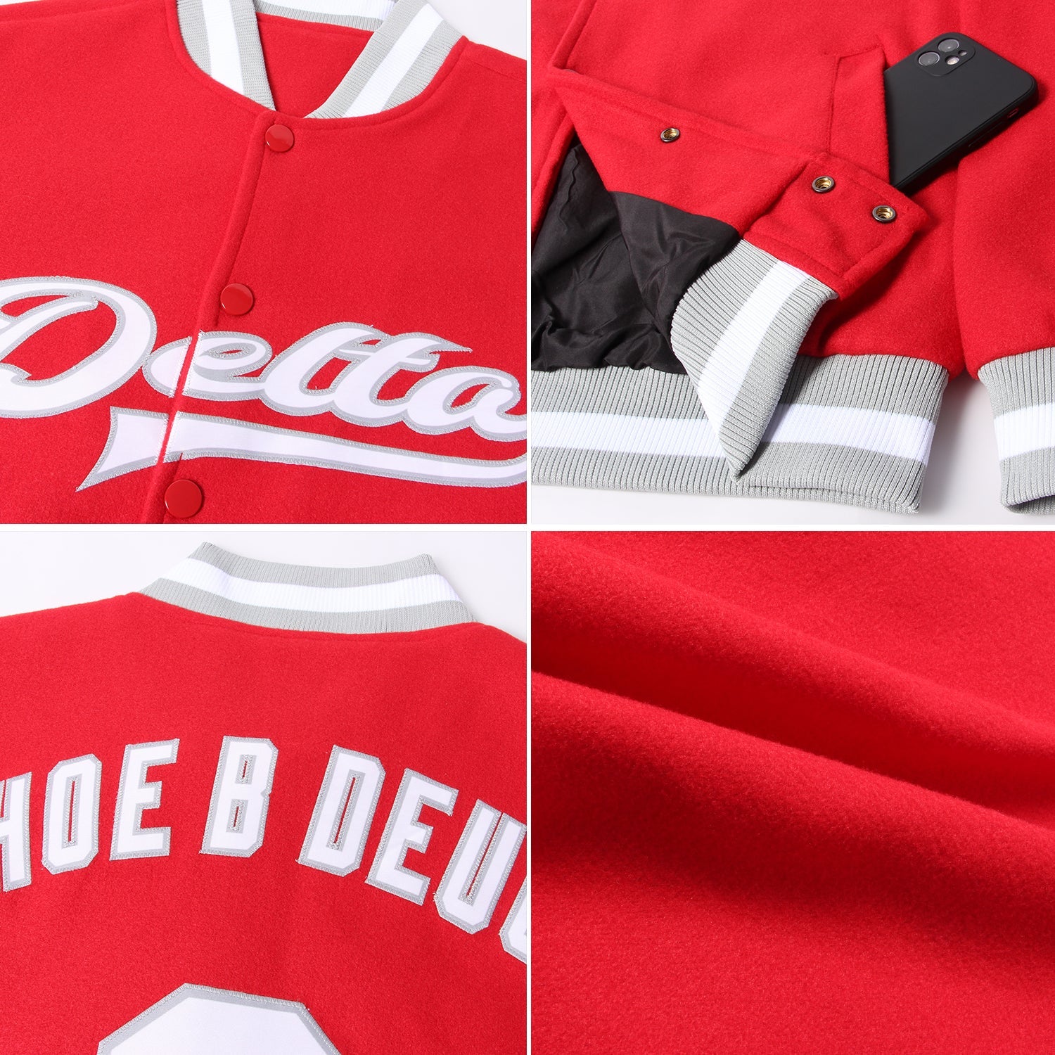 Custom Red White-Gray Bomber Full-Snap Varsity Letterman Jacket view 4