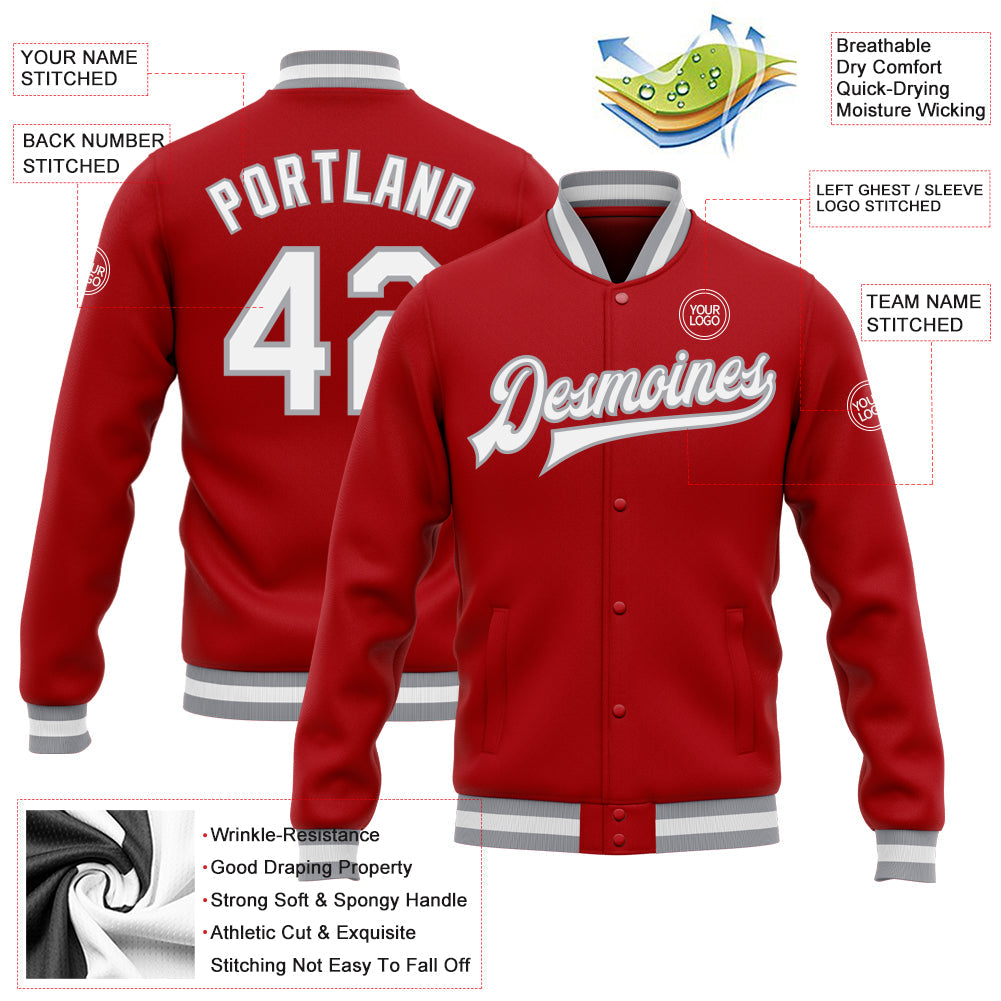 Custom Red White-Gray Bomber Full-Snap Varsity Letterman Jacket view 5