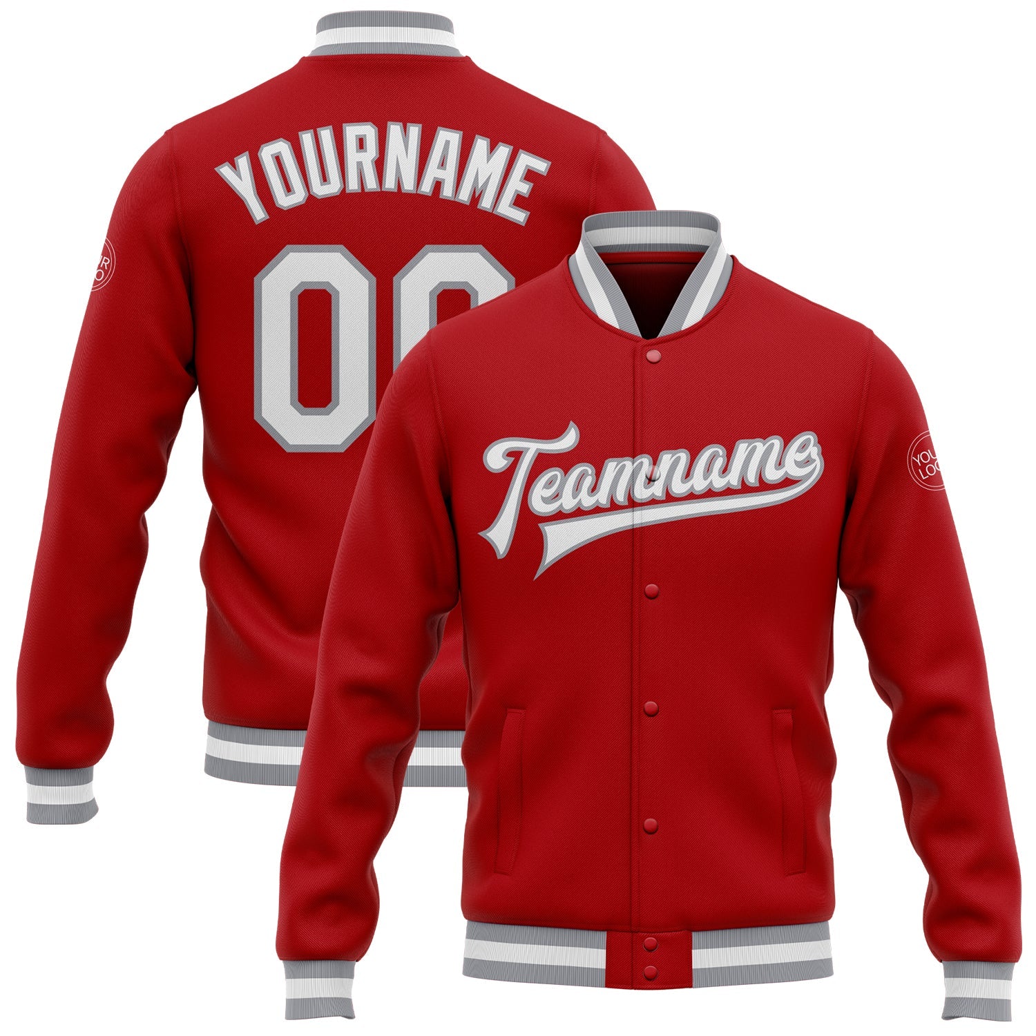 Custom Red White-Gray Bomber Full-Snap Varsity Letterman Jacket - Main View