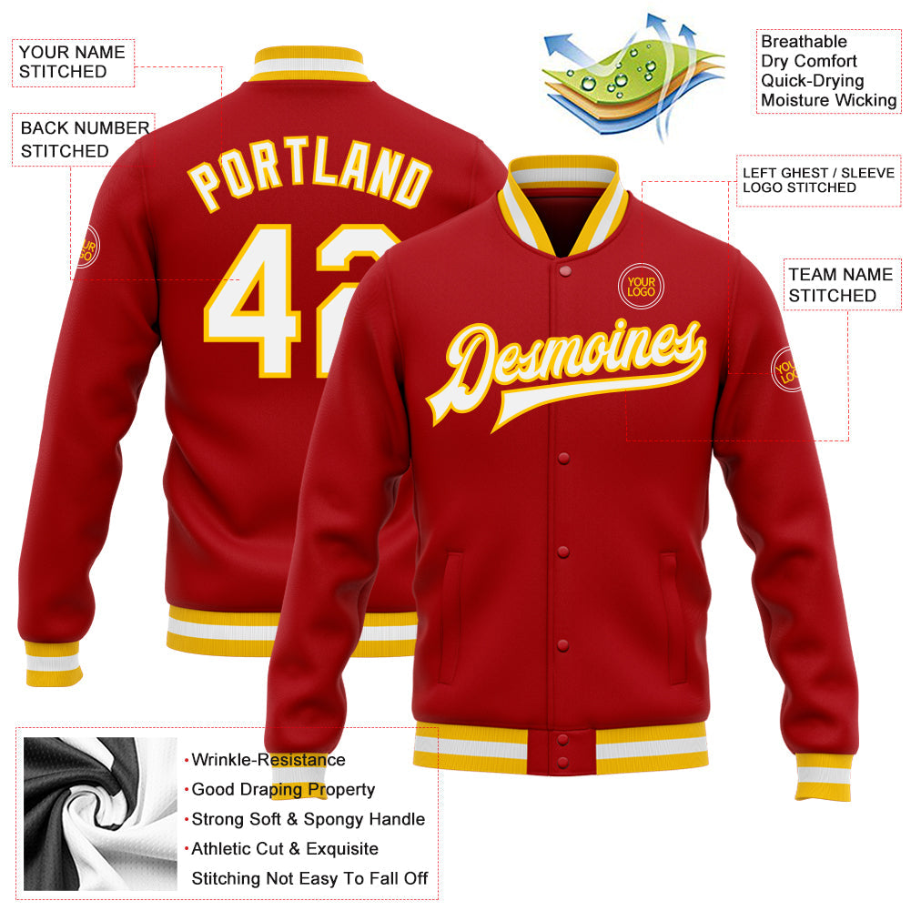 Custom Red White-Gold Bomber Full-Snap Varsity Letterman Jacket view 5