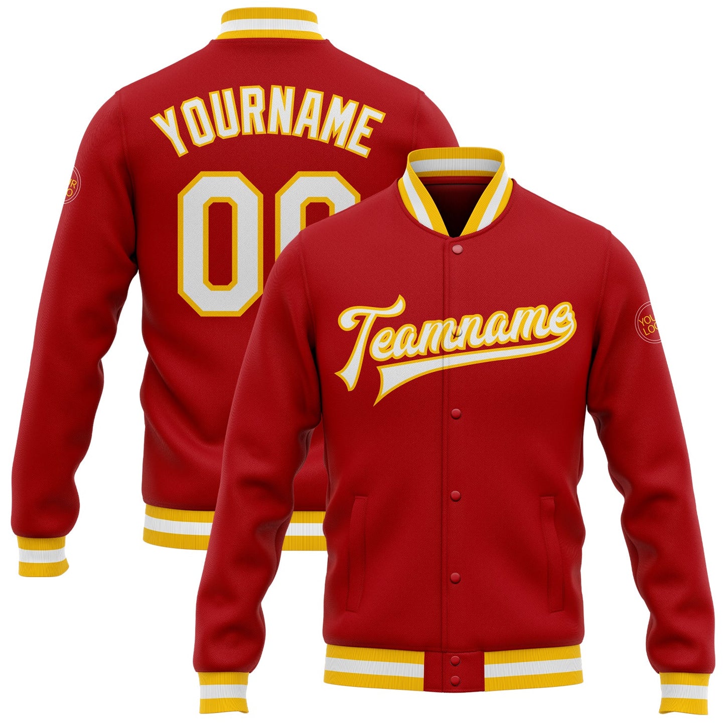 Custom Red White-Gold Bomber Full-Snap Varsity Letterman Jacket - Main View