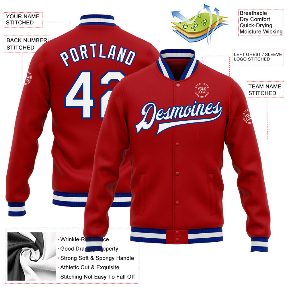 Custom Red White-Royal Bomber Full-Snap Varsity Letterman Jacket view 5