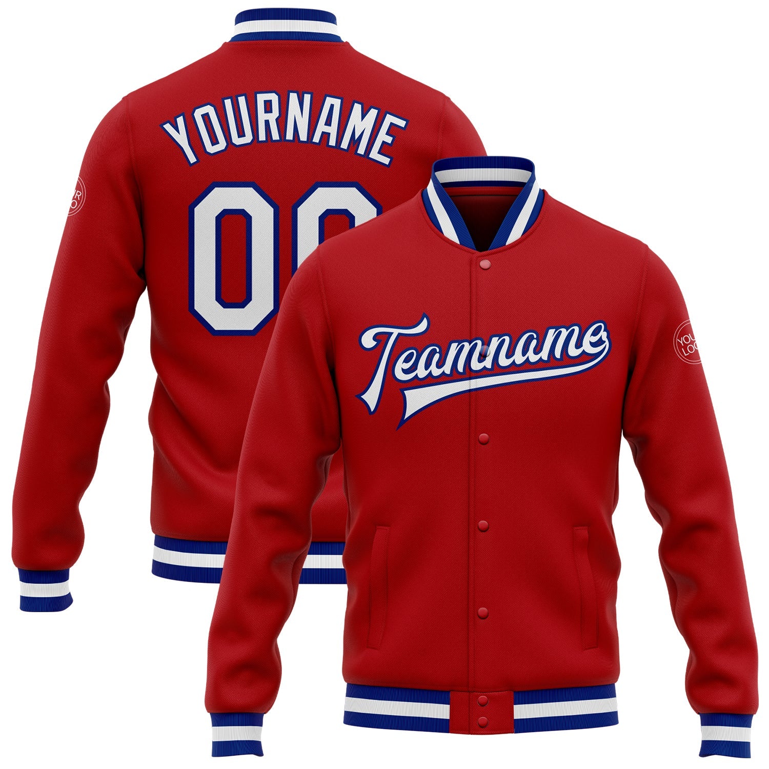 Custom Red White-Royal Bomber Full-Snap Varsity Letterman Jacket - Main View