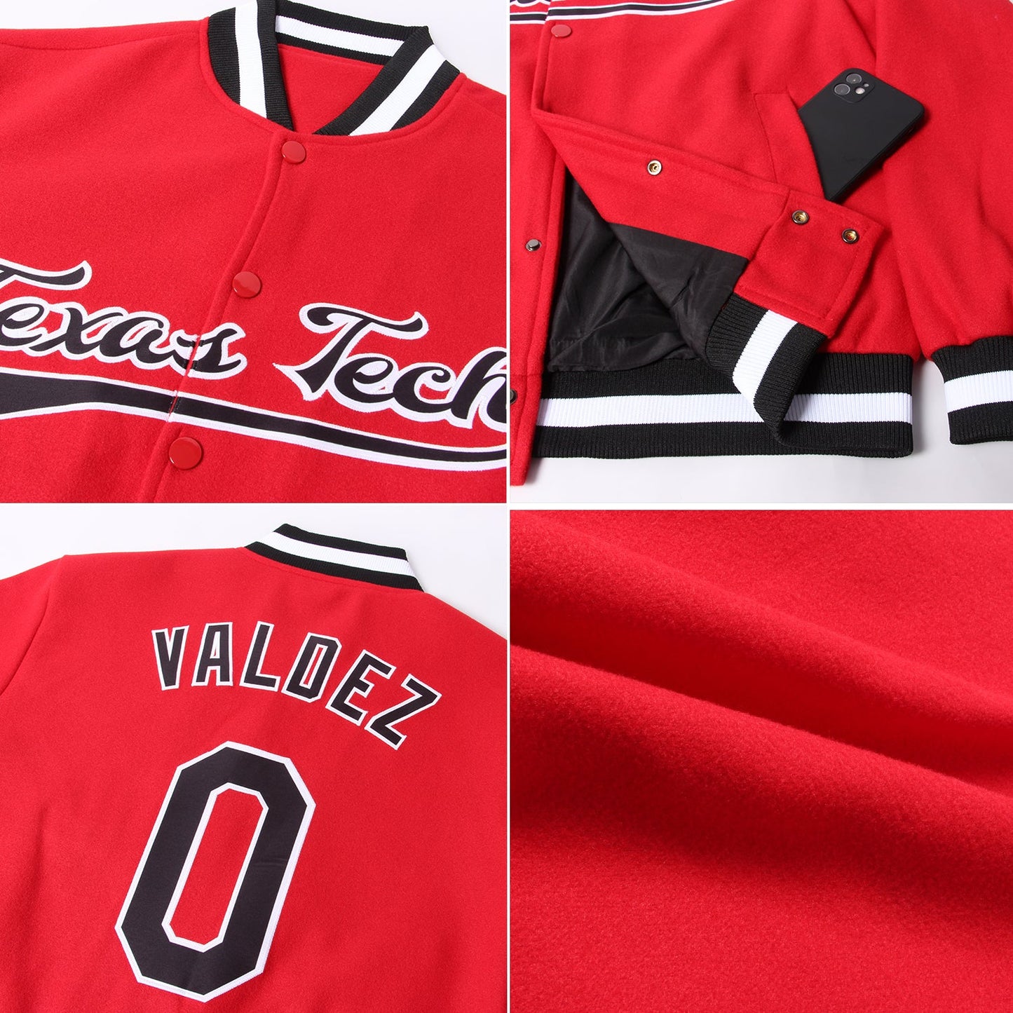 Custom Red Black-White Bomber Full-Snap Varsity Letterman Jacket view 4
