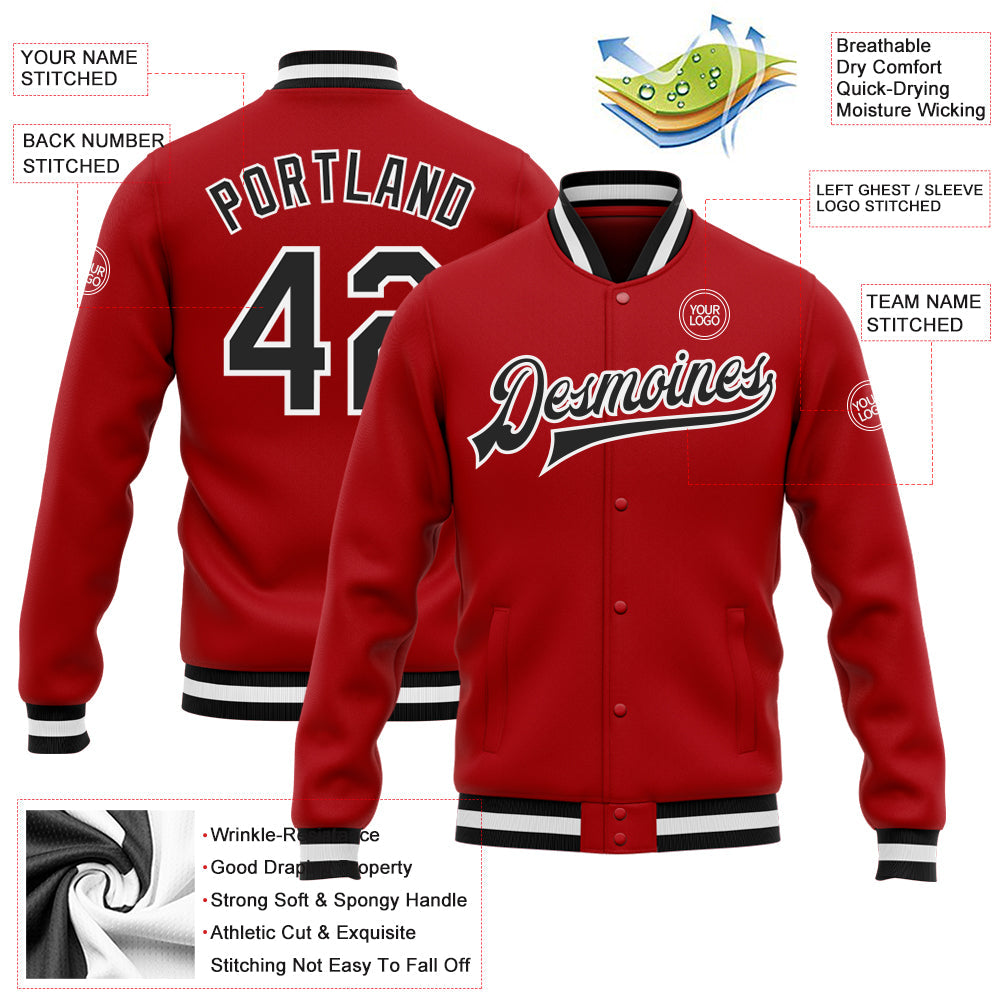 Custom Red Black-White Bomber Full-Snap Varsity Letterman Jacket view 5