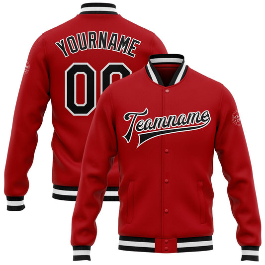 Custom Red Black-White Bomber Full-Snap Varsity Letterman Jacket - Main View