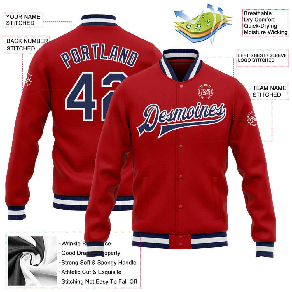 Custom Red Navy-White Bomber Full-Snap Varsity Letterman Jacket view 5