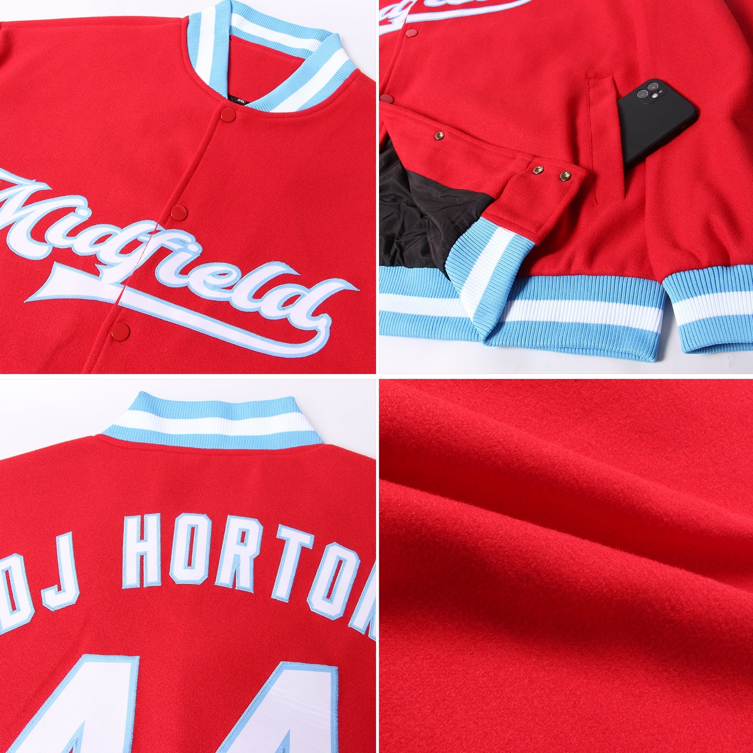 Custom Red White-Light Blue Bomber Full-Snap Varsity Letterman Jacket view 4