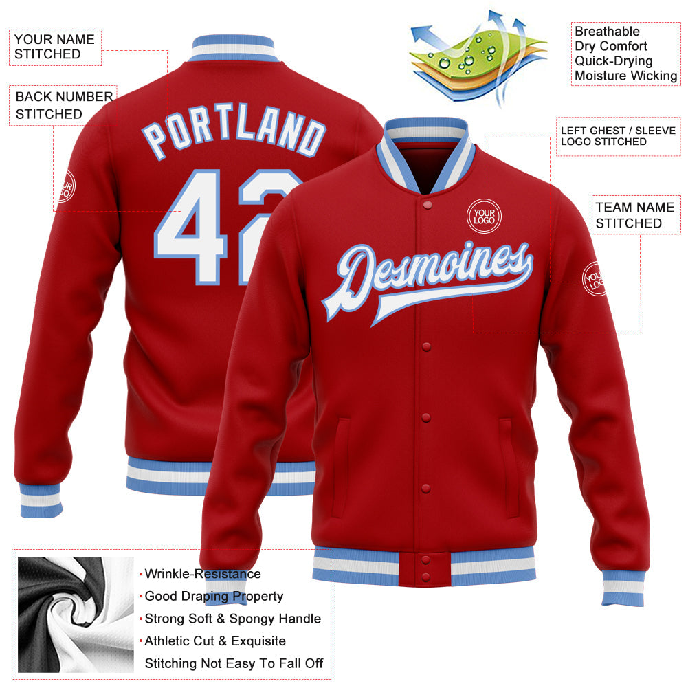 Custom Red White-Light Blue Bomber Full-Snap Varsity Letterman Jacket view 5