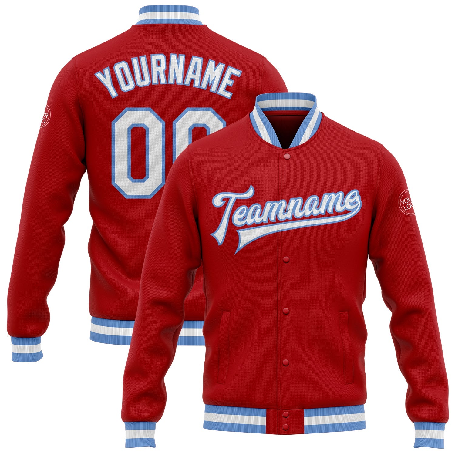 Custom Red White-Light Blue Bomber Full-Snap Varsity Letterman Jacket - Main View