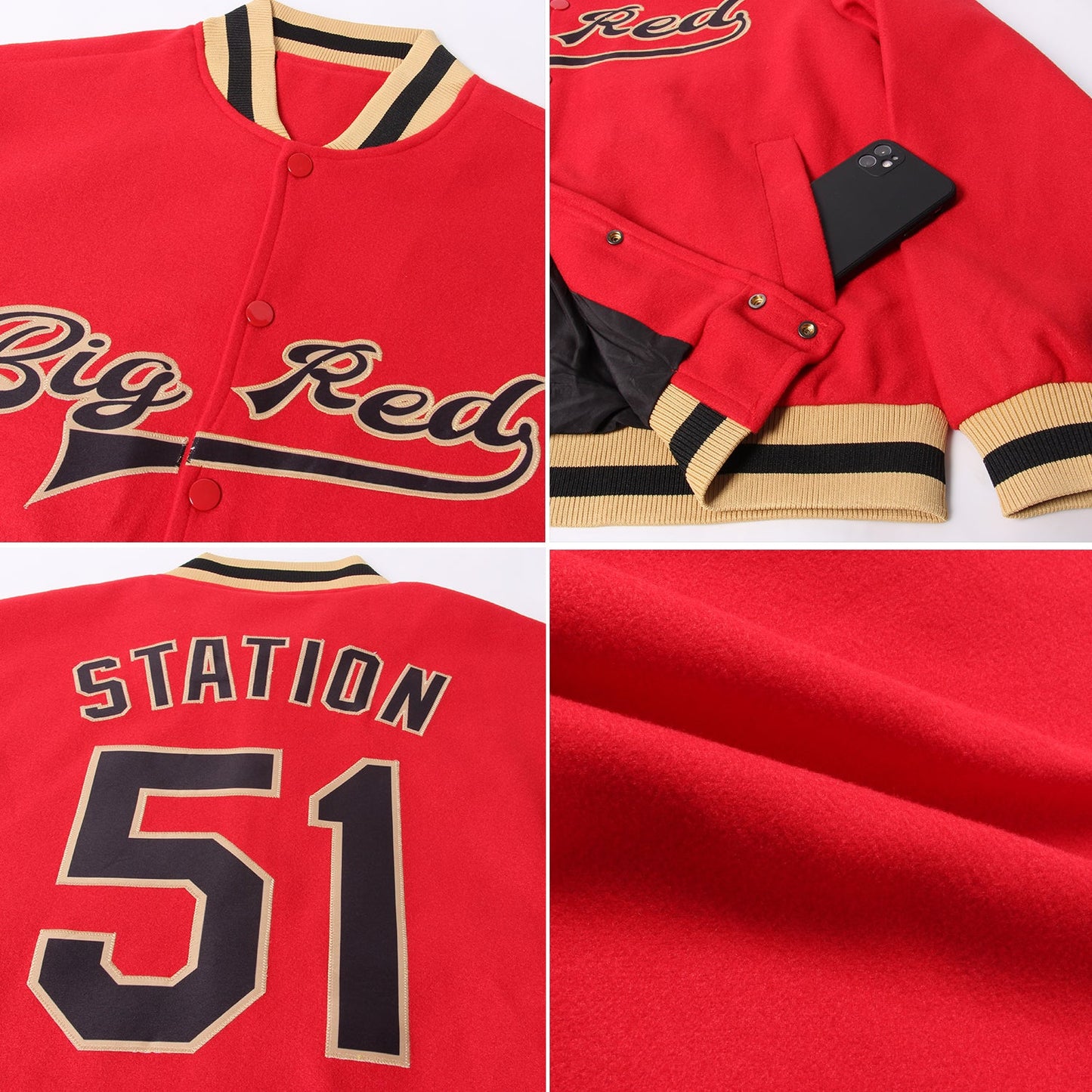 Custom Red Black-Old Gold Bomber Full-Snap Varsity Letterman Jacket view 4