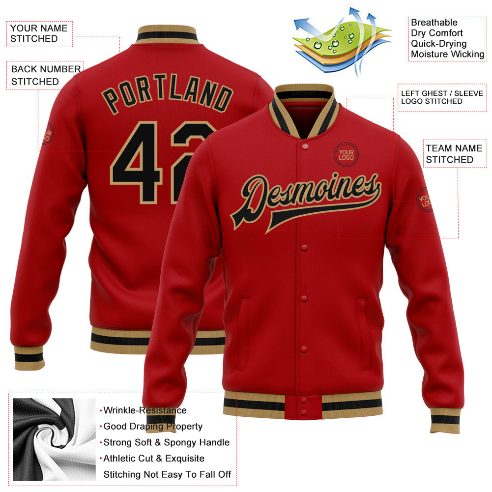 Custom Red Black-Old Gold Bomber Full-Snap Varsity Letterman Jacket view 5