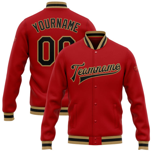 Custom Red Black-Old Gold Bomber Full-Snap Varsity Letterman Jacket - Main View