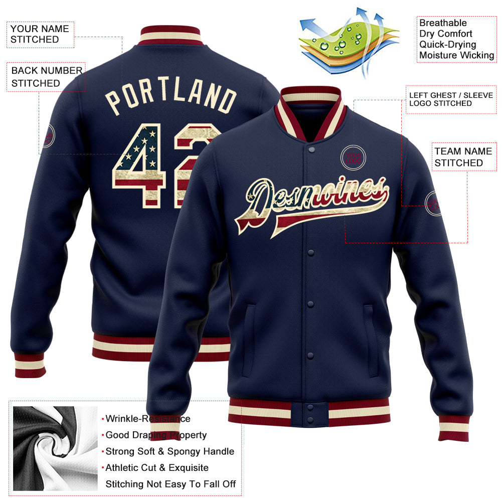 Custom Navy Vintage USA Flag-Cream Bomber Full-Snap Varsity Letterman Jacket view 5