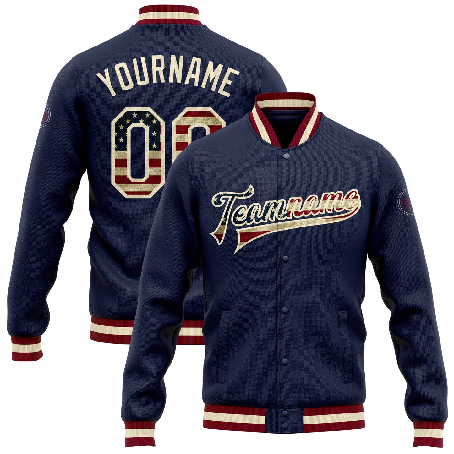 Custom Navy Vintage USA Flag-Cream Bomber Full-Snap Varsity Letterman Jacket - Main View
