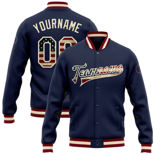 Custom Navy Vintage USA Flag-Cream Bomber Full-Snap Varsity Letterman Jacket - Main View