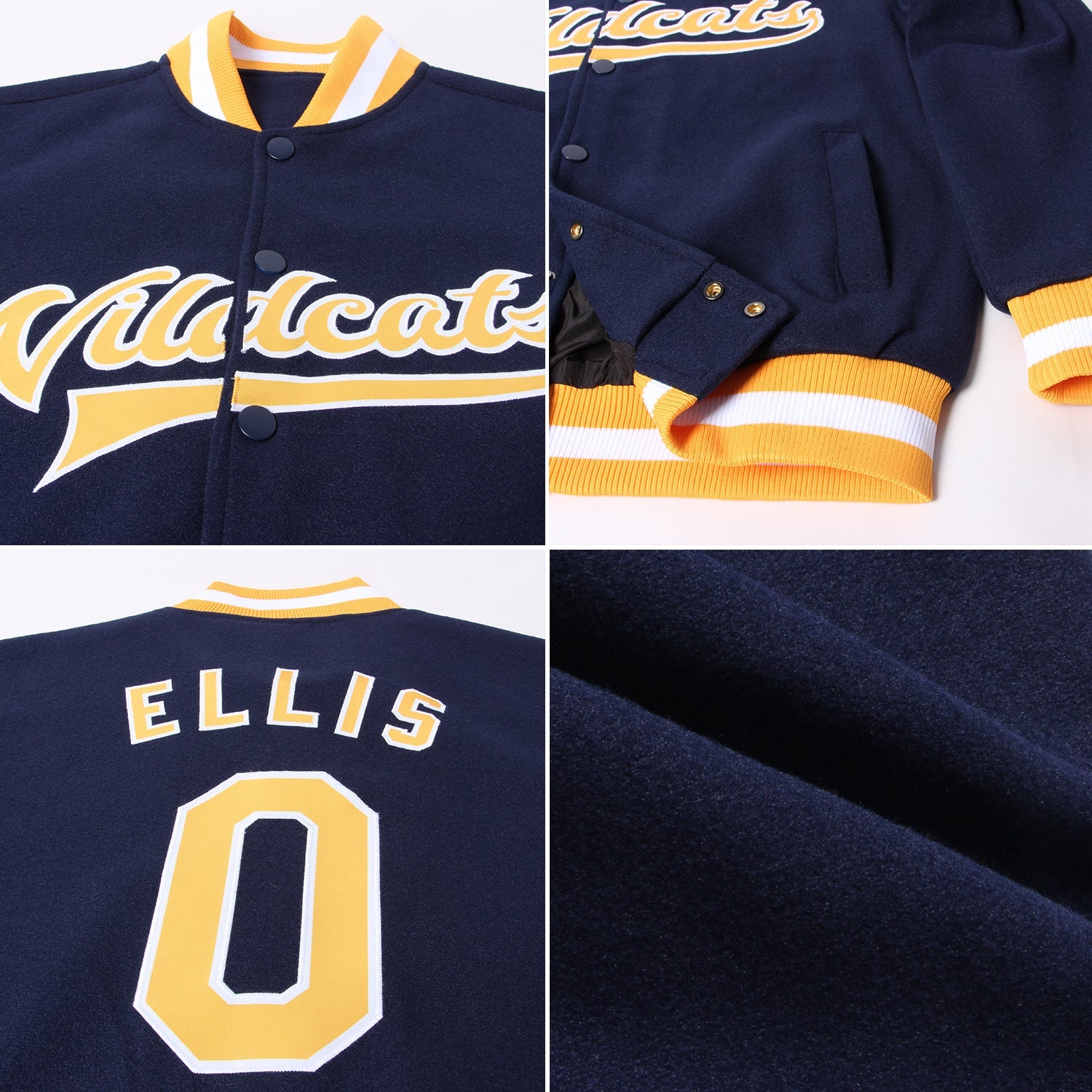 Custom Navy Gold-White Bomber Full-Snap Varsity Letterman Jacket view 4