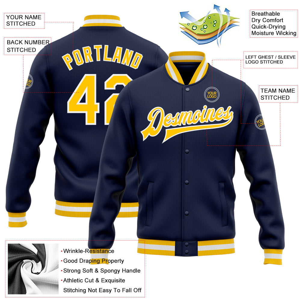 Custom Navy Gold-White Bomber Full-Snap Varsity Letterman Jacket view 5