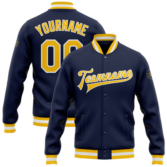 Custom Navy Gold-White Bomber Full-Snap Varsity Letterman Jacket - Main View