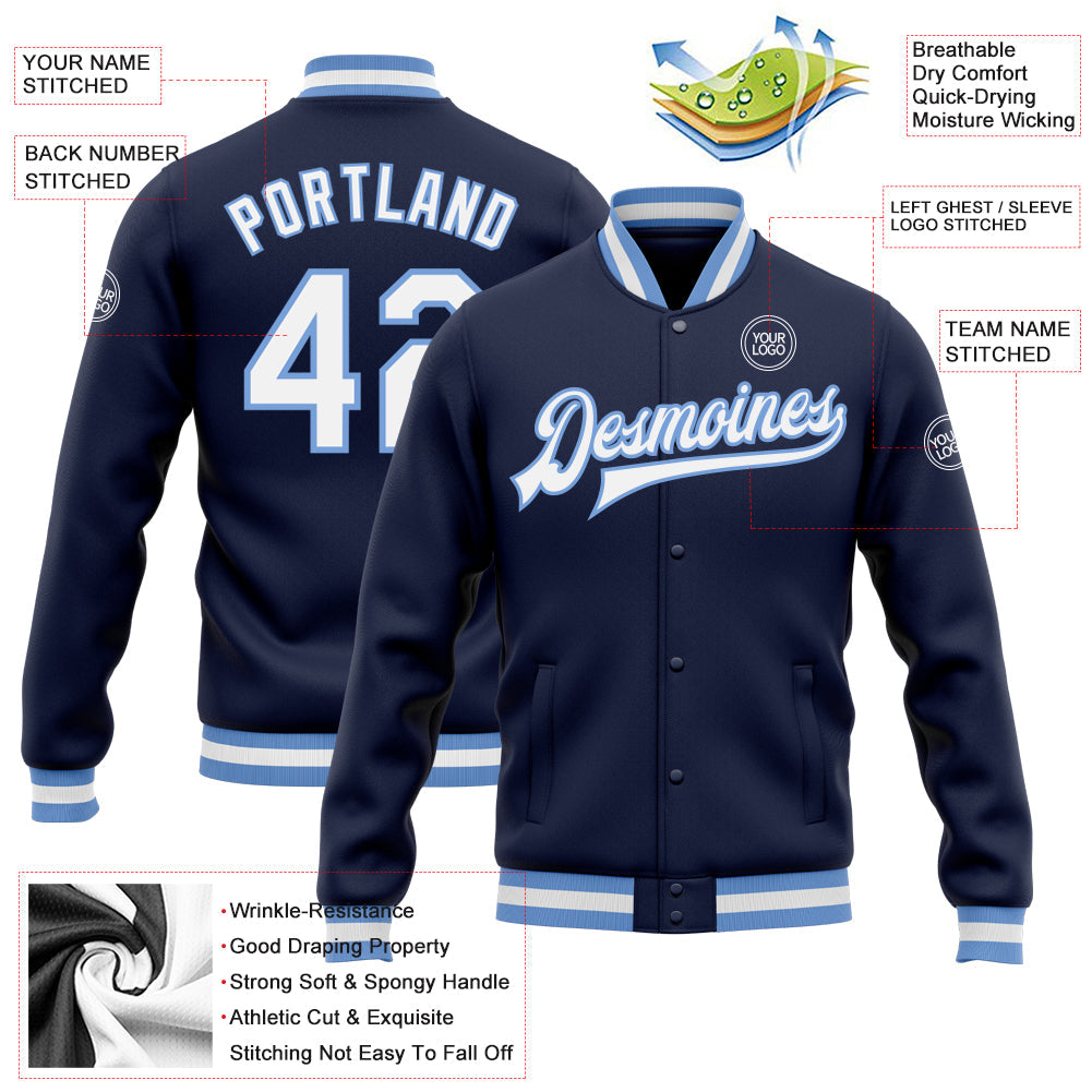 Custom Navy White-Light Blue Bomber Full-Snap Varsity Letterman Jacket view 5