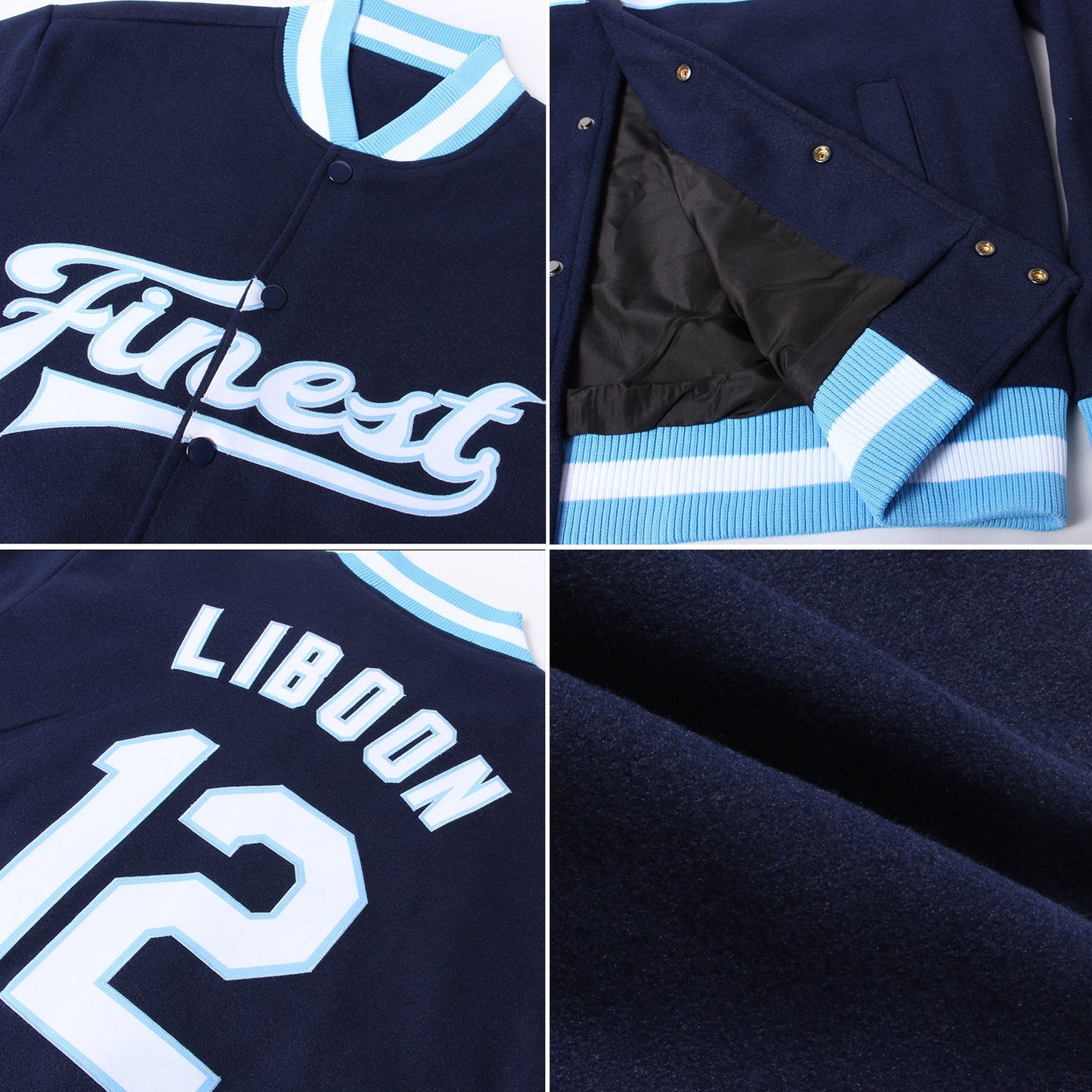 Custom Navy White-Light Blue Bomber Full-Snap Varsity Letterman Jacket view 4