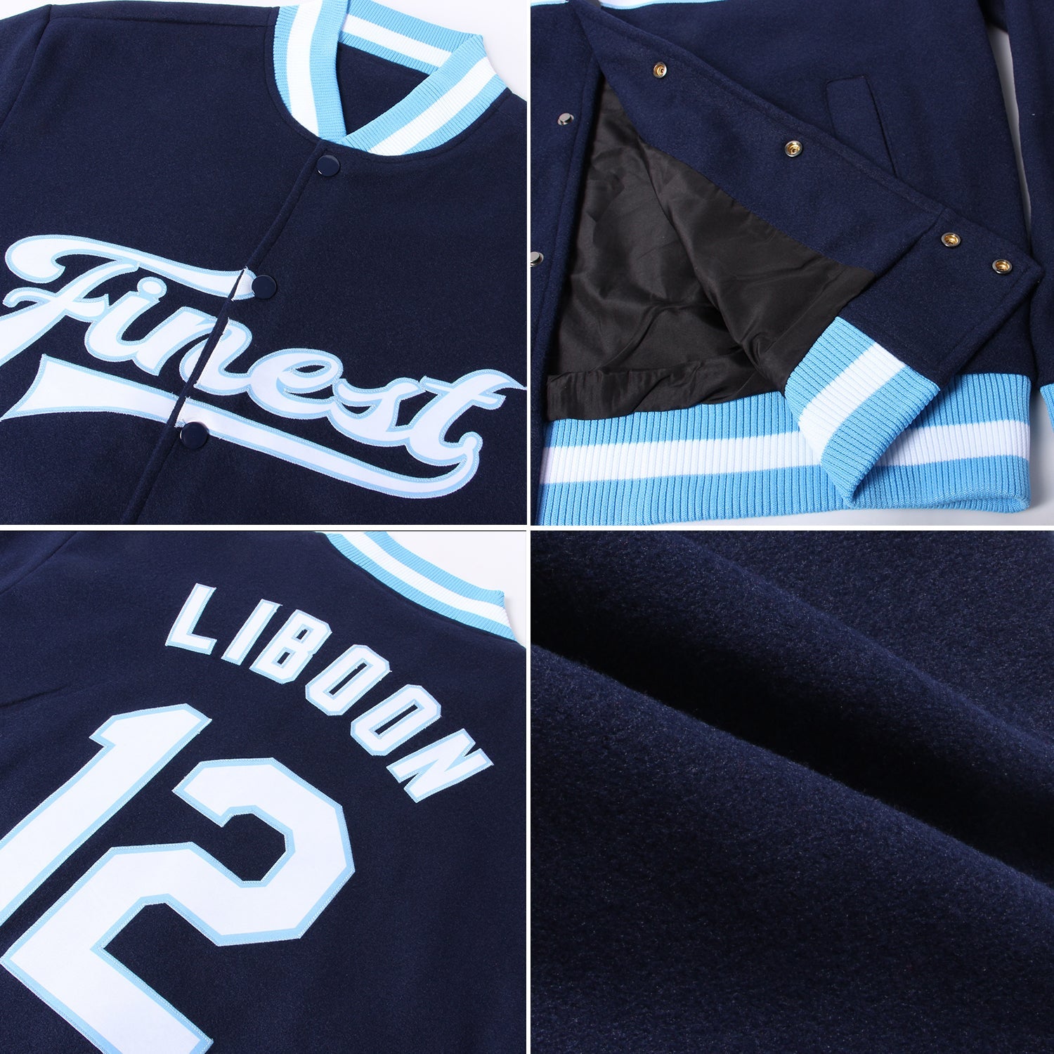 Custom Navy White-Light Blue Bomber Full-Snap Varsity Letterman Jacket view 4