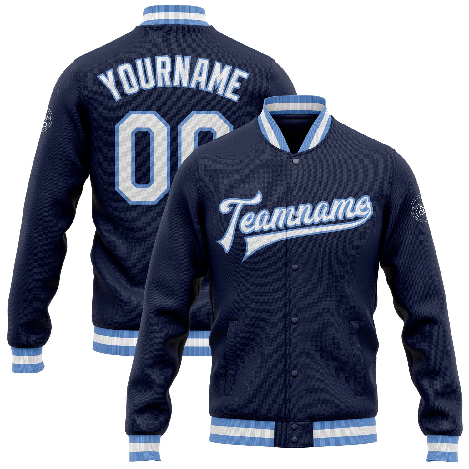 Custom Navy White-Light Blue Bomber Full-Snap Varsity Letterman Jacket - Main View
