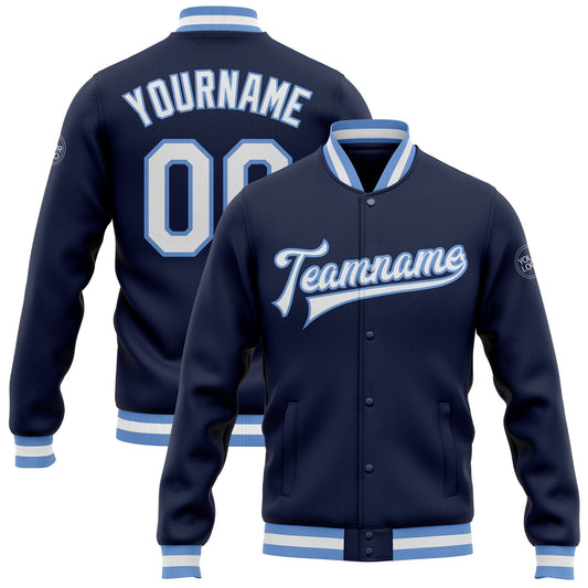 Custom Navy White-Light Blue Bomber Full-Snap Varsity Letterman Jacket - Main View