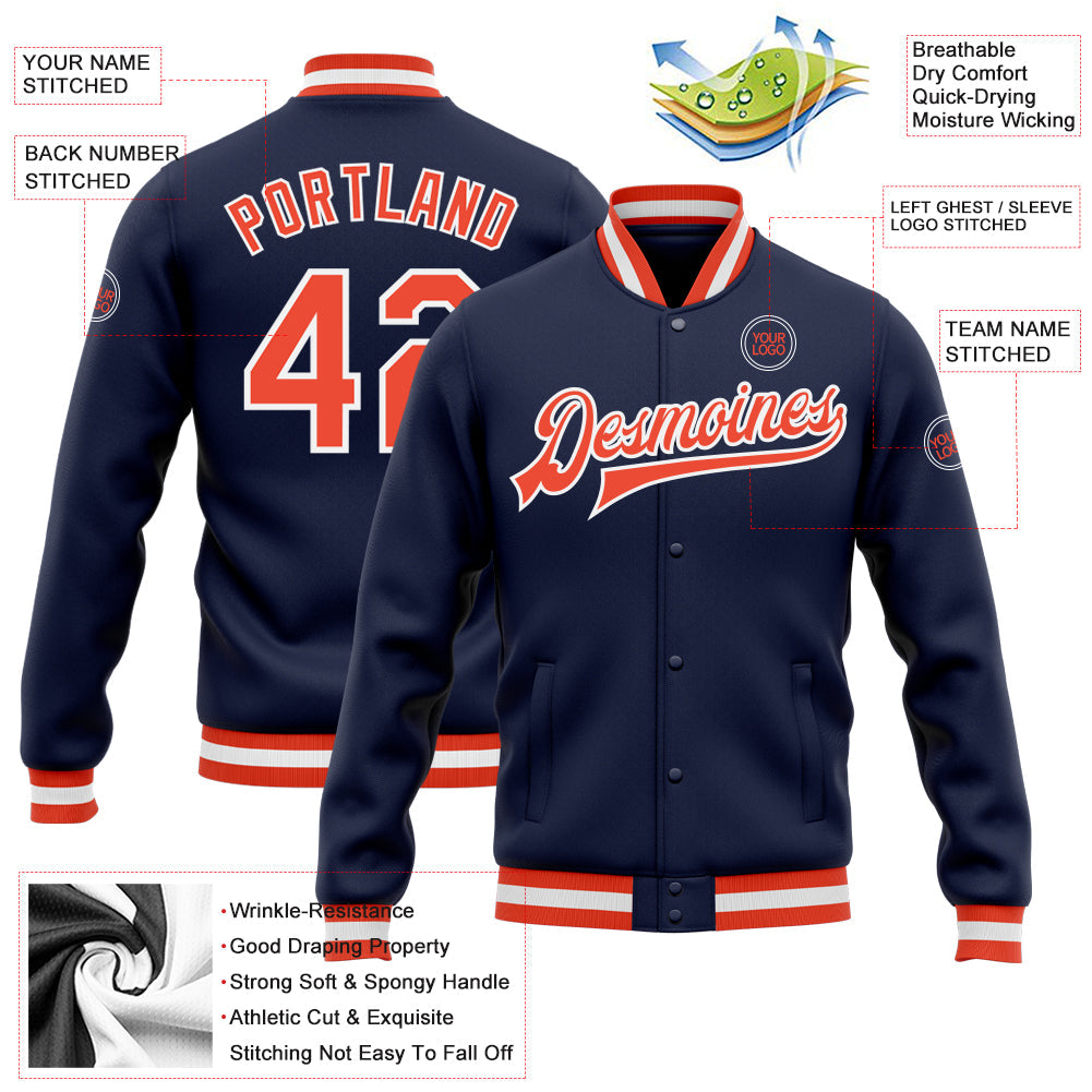 Custom Navy Orange-White Bomber Full-Snap Varsity Letterman Jacket view 5