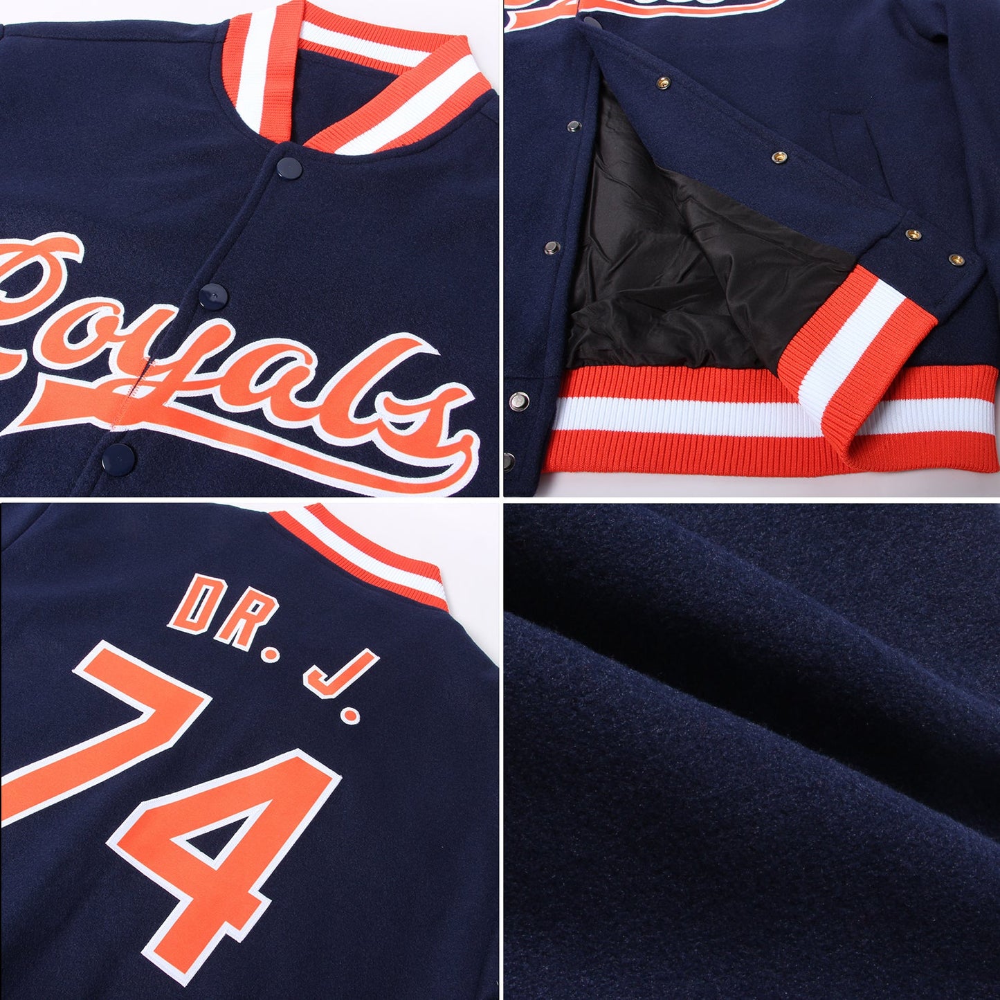 Custom Navy Orange-White Bomber Full-Snap Varsity Letterman Jacket view 4