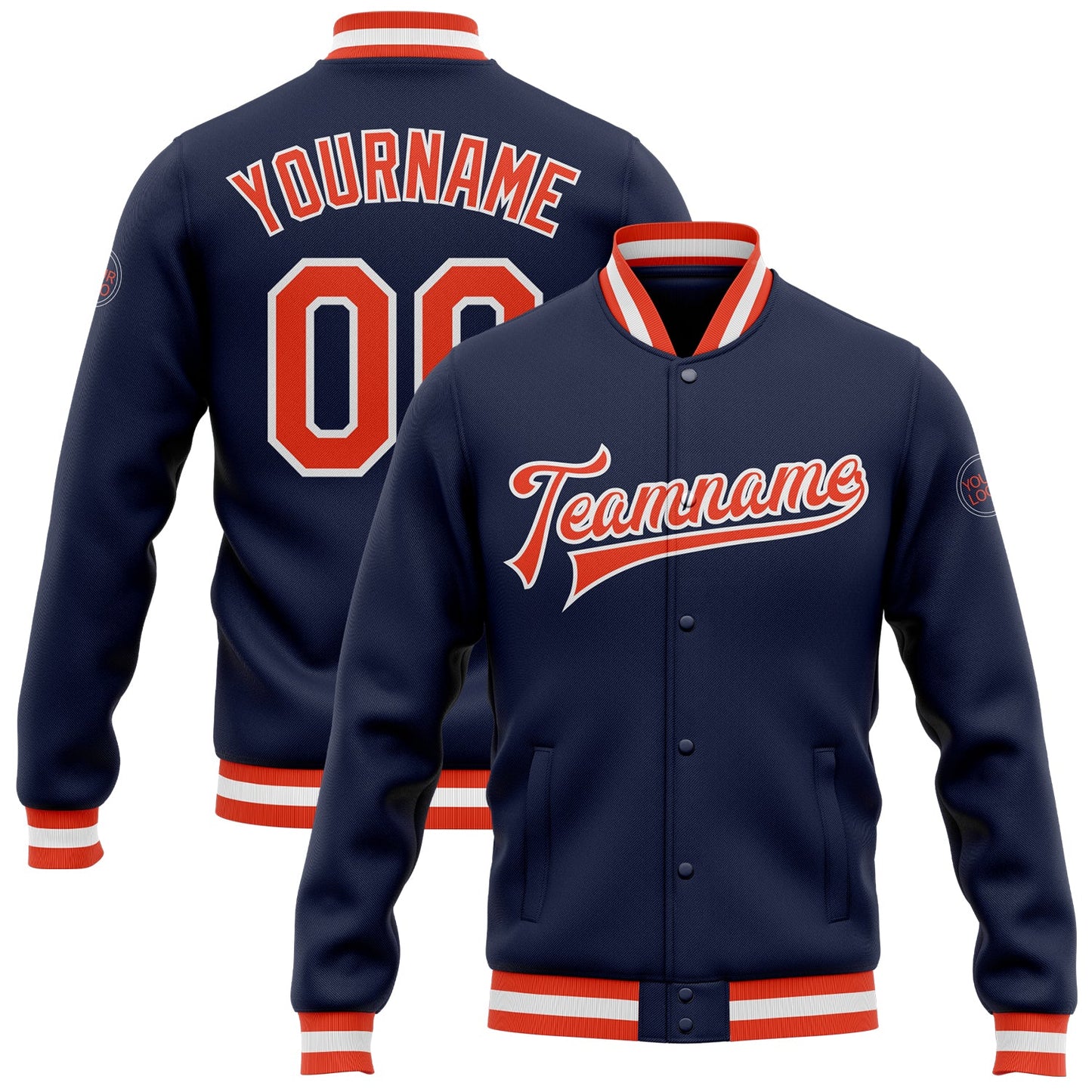 Custom Navy Orange-White Bomber Full-Snap Varsity Letterman Jacket - Main View
