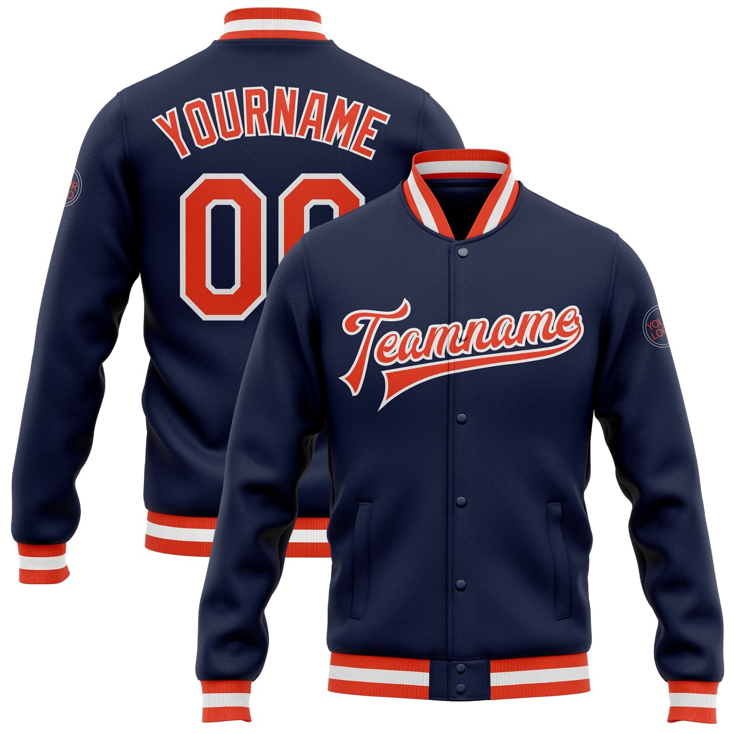 Custom Navy Orange-White Bomber Full-Snap Varsity Letterman Jacket - Main View
