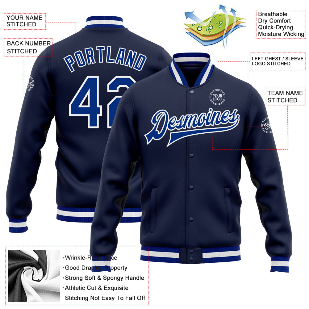 Custom Navy Royal-White Bomber Full-Snap Varsity Letterman Jacket view 5