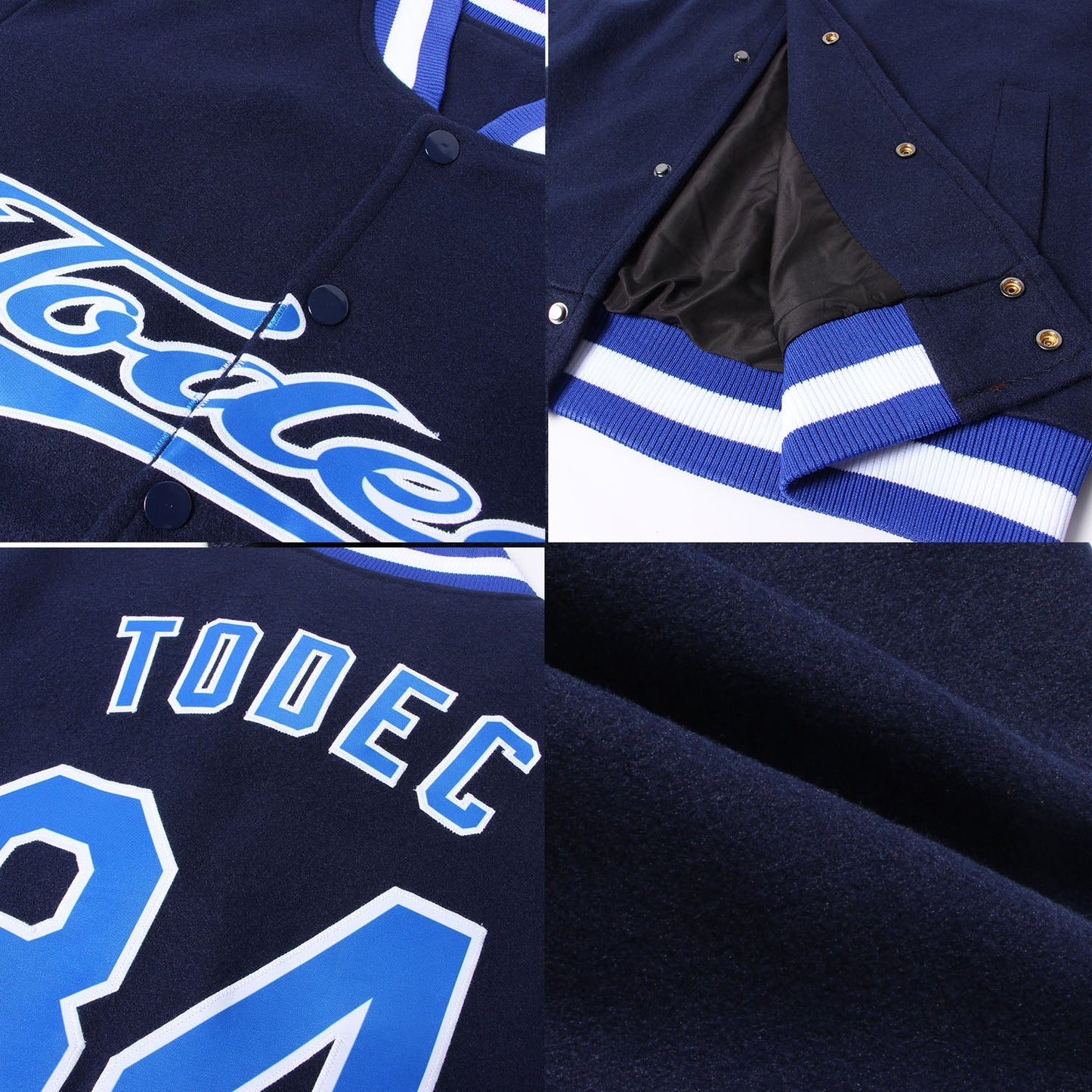 Custom Navy Royal-White Bomber Full-Snap Varsity Letterman Jacket view 4