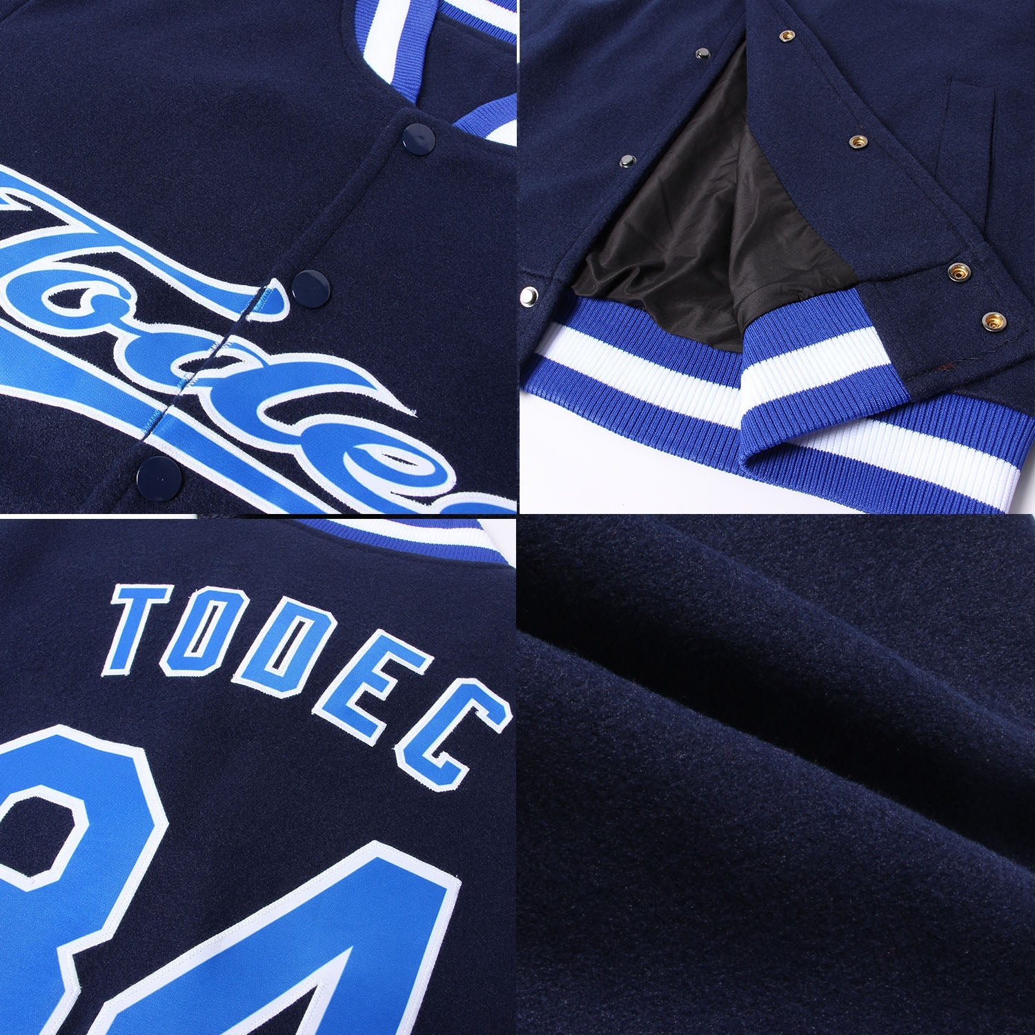 Custom Navy Royal-White Bomber Full-Snap Varsity Letterman Jacket view 4