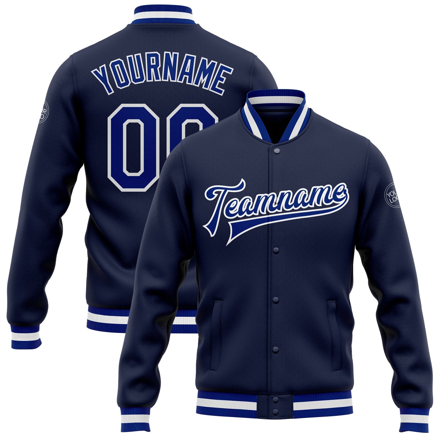 Custom Navy Royal-White Bomber Full-Snap Varsity Letterman Jacket - Main View