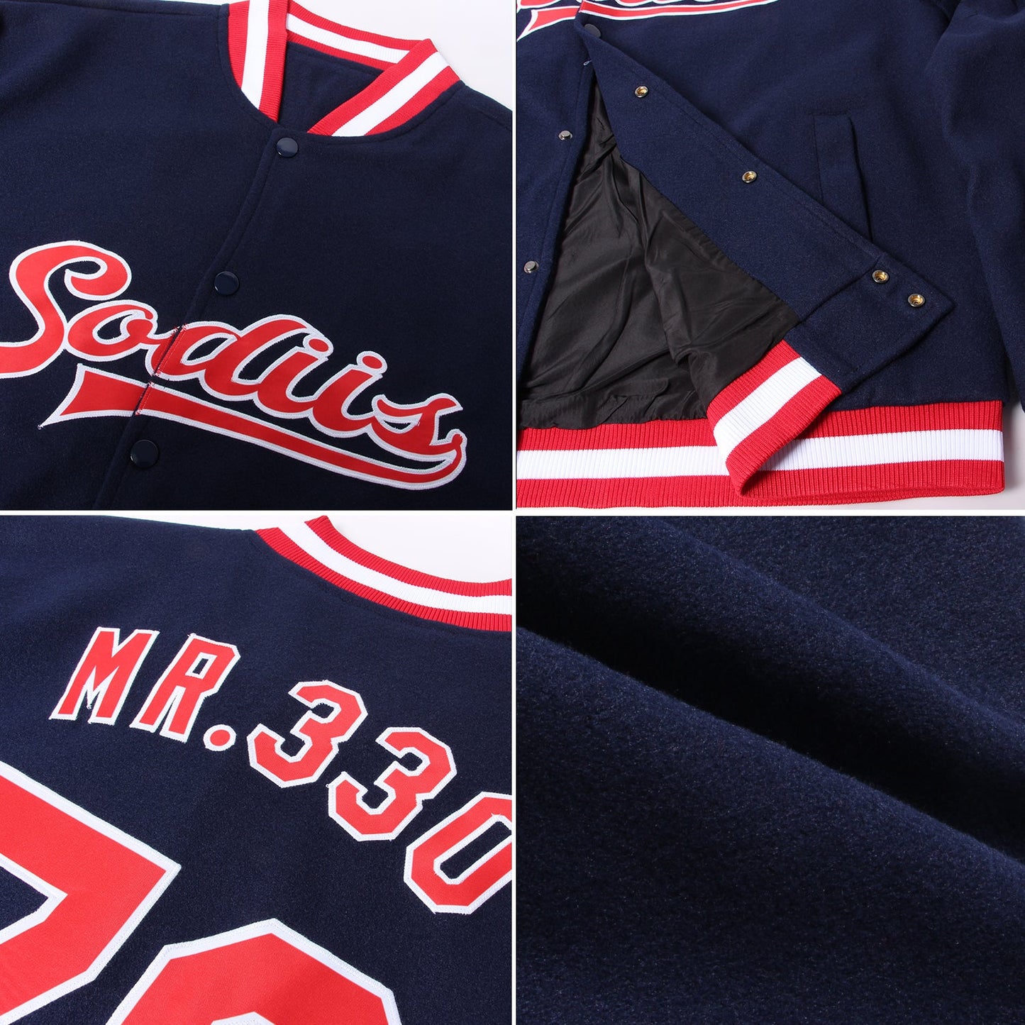 Custom Navy Red-White Bomber Full-Snap Varsity Letterman Jacket view 4