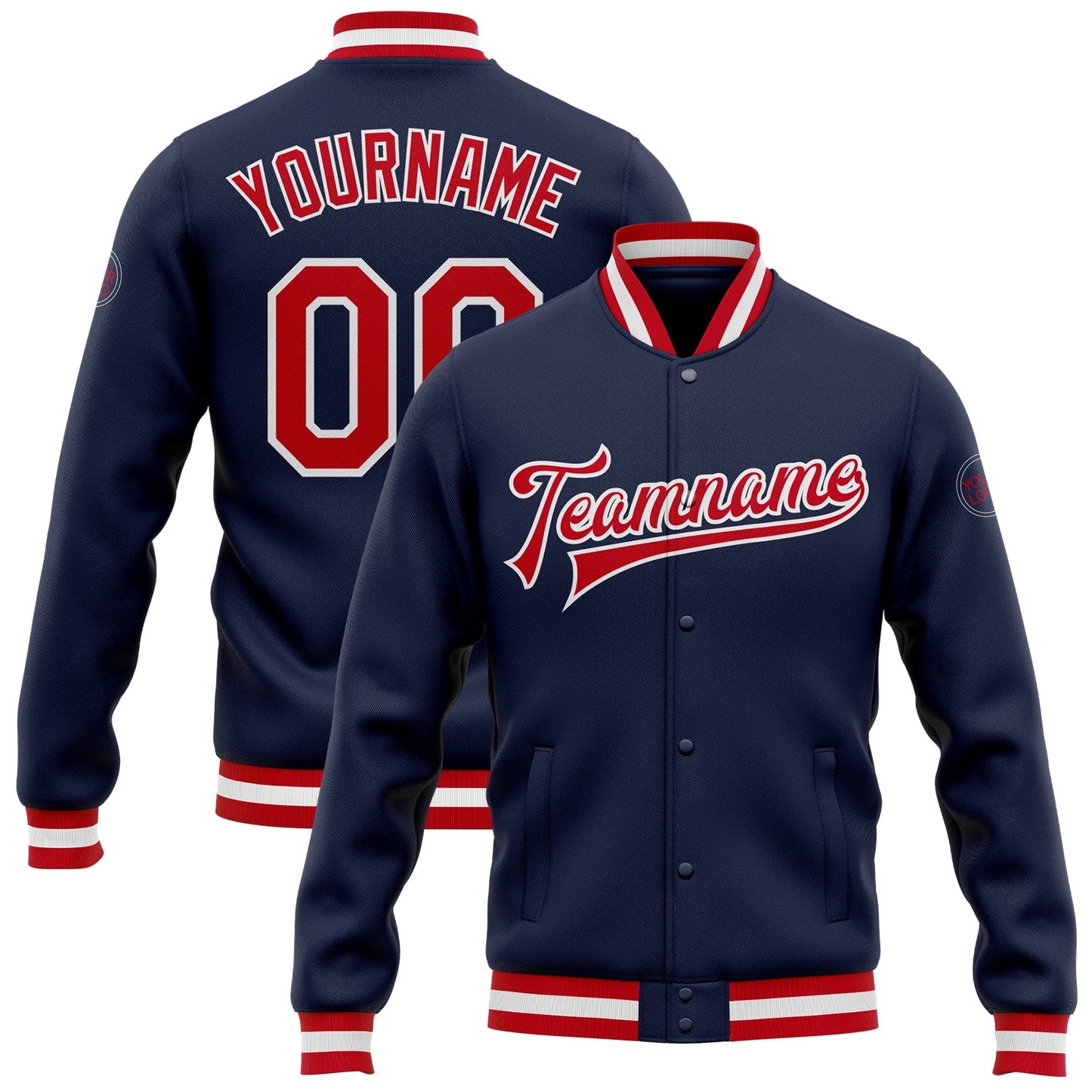 Custom Navy Red-White Bomber Full-Snap Varsity Letterman Jacket - Main View
